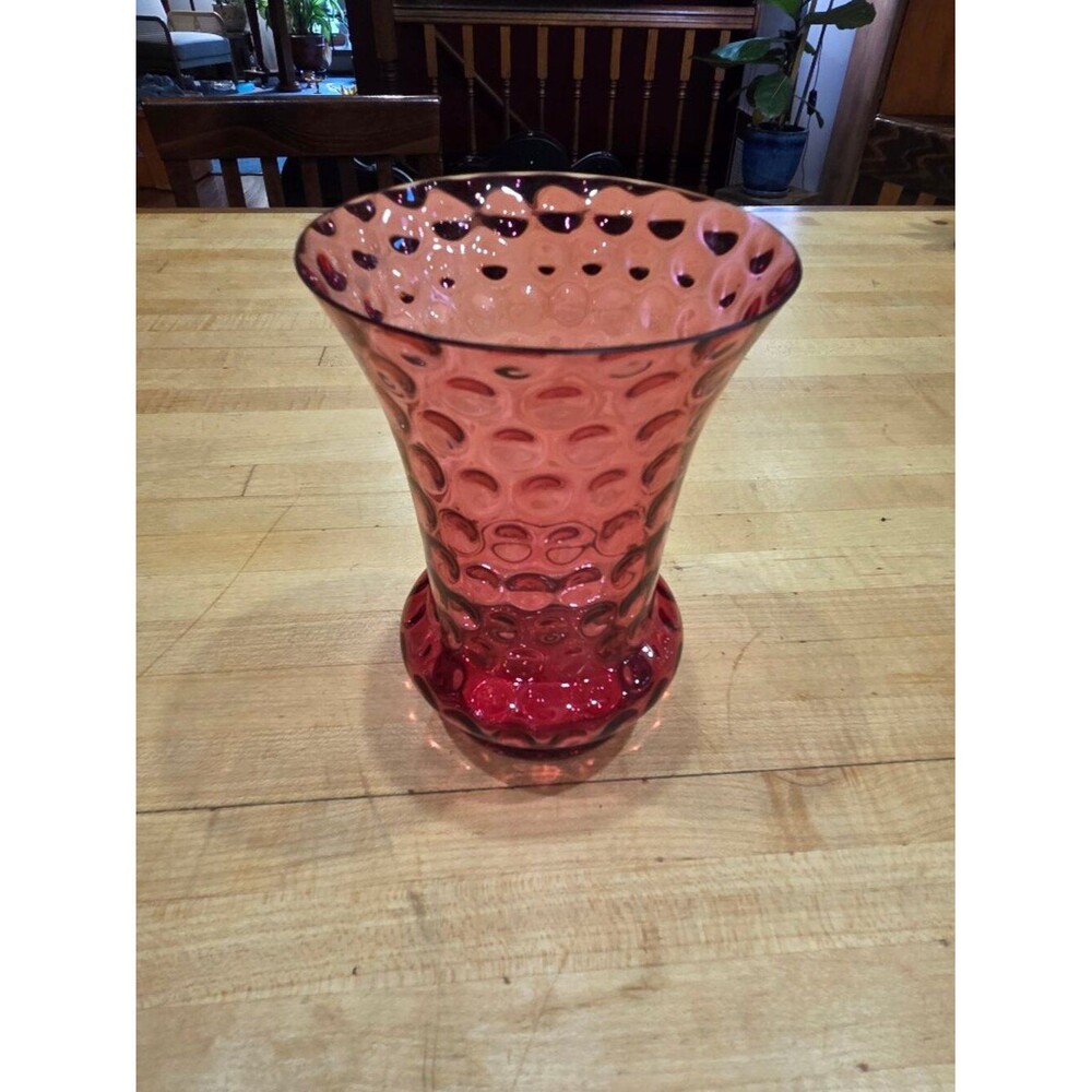Vintage Fenton Cranberry Glass Coin Dot Flared Bulge Base Vase
